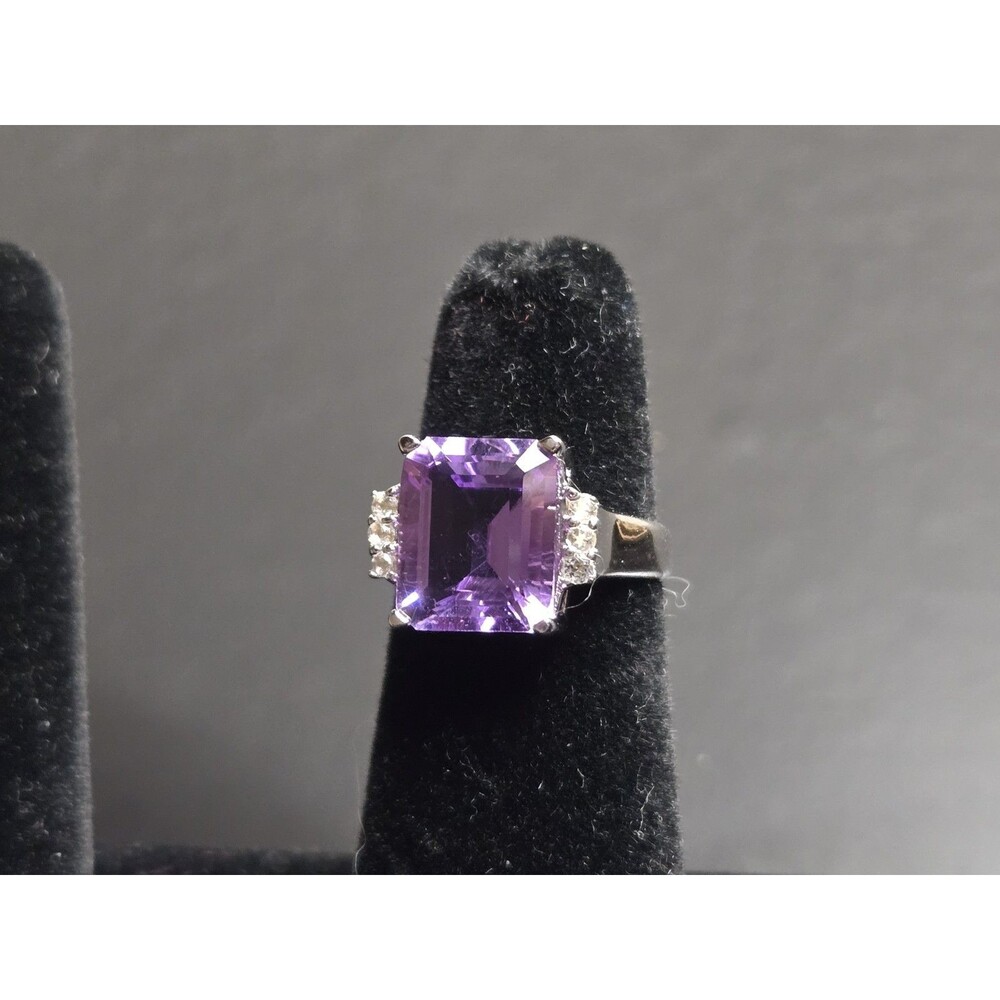 5.94 CTW Amethyst Ring, Large Emerald Cut Purple Gemstone Sterling Silver Size 5 - Picture 8 of 16